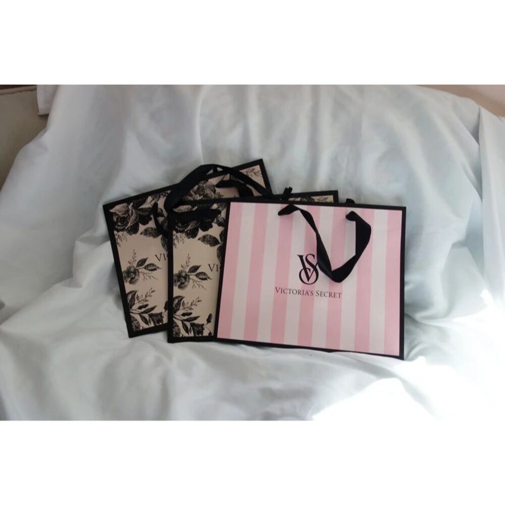 Victoria's Secret 3-Pack Pink and black Stripe Floral Shopping bags New
